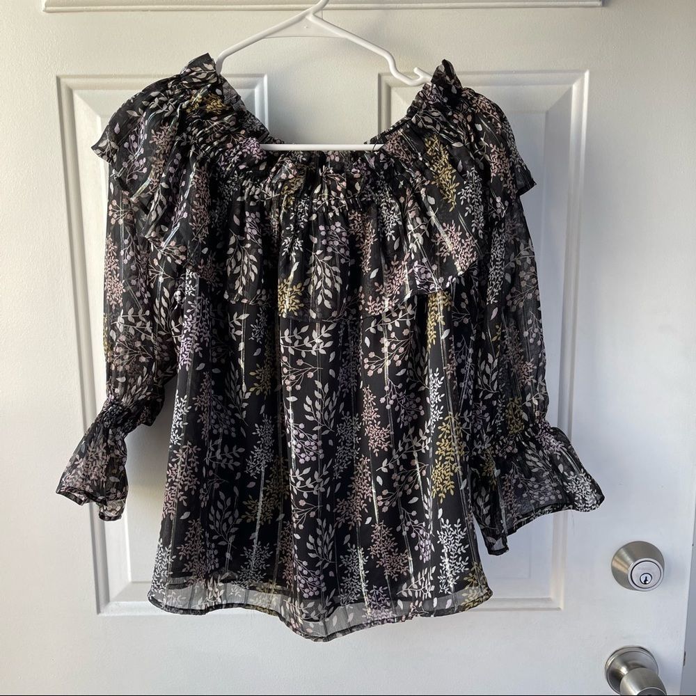 Ann Taylor Loft Black Sheer Floral Ruffle Off the Shoulder Flowy Top Sz M